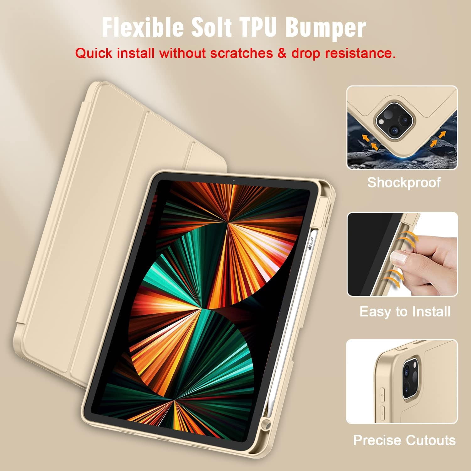 HCTian New iPad Pro 12.9 Inch Case 2022/2021/2020(6th/5th/4th Gen) with Pencil Holder,Smart Case [Support Touch ID and Auto Wake/Sleep] with Auto 2nd Gen Pencil Charging