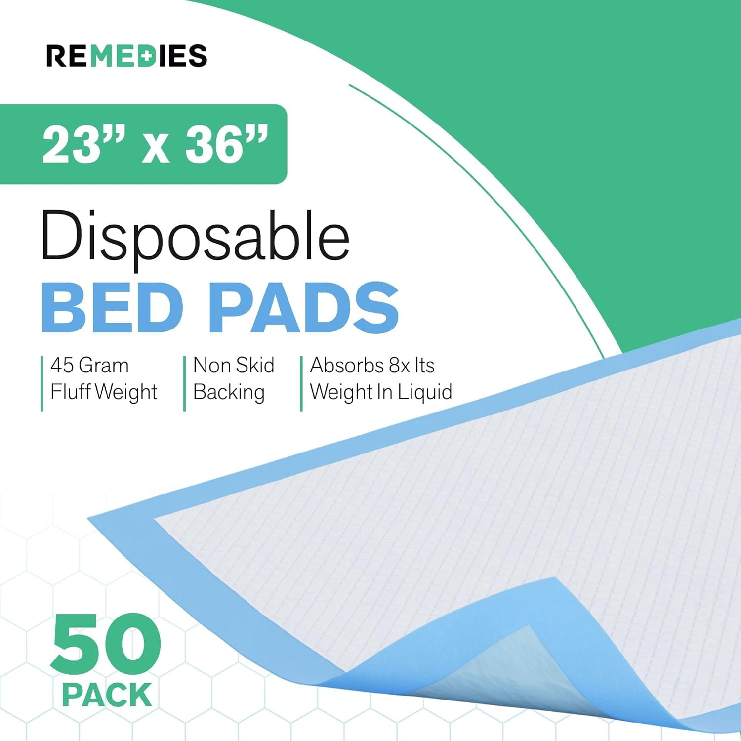 REMEDIES 23 x 36” Large Disposable Bed Pads for Adults Incontinence Pads Puppy Pads, 50 Pack