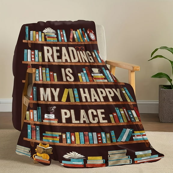 Vintage-Style Cozy Flannel Throw Blanket with "Reading is My Happy Place" Design All-Season Comfort Perfect Gift for Book Lovers Retro Mixed Colors
