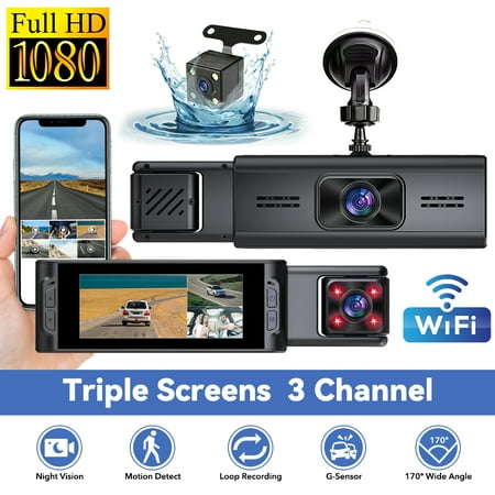HD 1080P WiFi 3 Channel Dash Cam Front/Inside/Rear, 3.16 Inch Triple Screens DVR, IR Night Vision, LED Rear Cam, 2.4G WiFi - APP, G - Sensor, 24Hr Parking Monitor, Loop Record, Reversing Assist