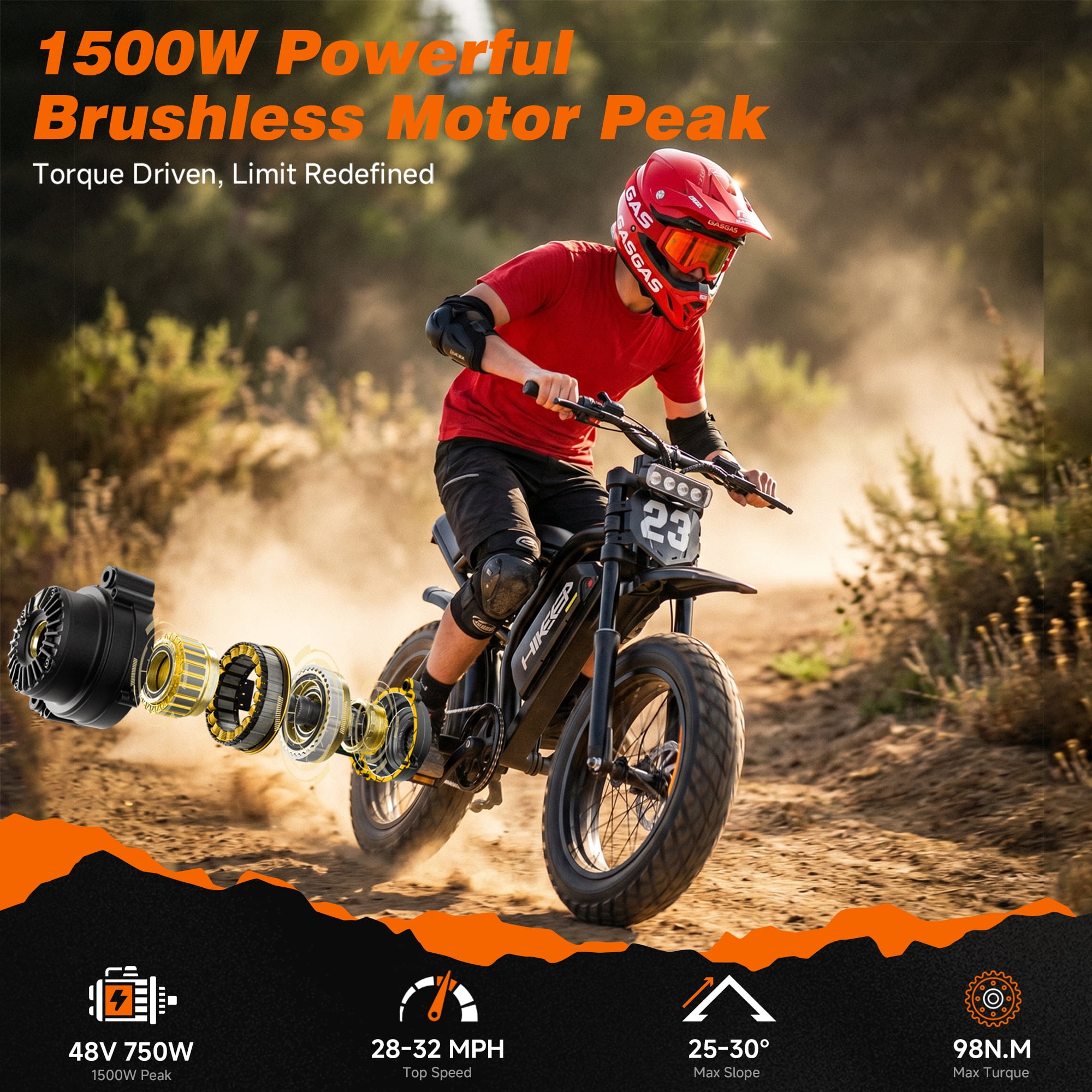 20" Fat Tire Electric Bike for Adults, 1500W Peak Dirt Ebike, 48V 17.5Ah Battery, Electric Mountain Bike for Men, UL2849