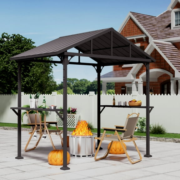 Kullavik 8x5 ft Heavy-Duty BBQ Gazebo with 19'' Smokeless Grill, All-Metal Canopy with Dual Shelves & Hooks, Outdoor Cooking Station for Patio & Backyard