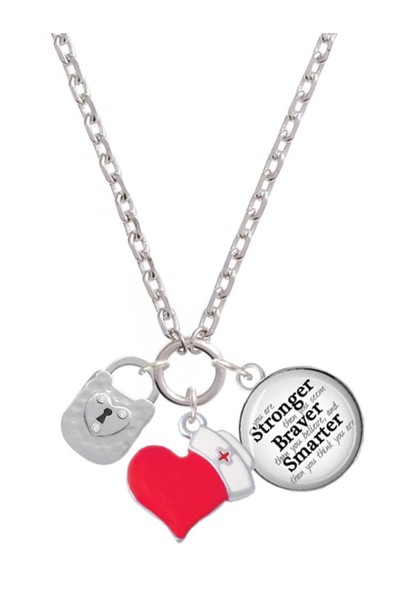 Silvertone Hammered Lock with Heart and Clear Crystals - Red Heart Nurse Strong Zoe Necklace