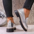 thumbnail image 3 of Womens Penny Loafers Vintage Glitter Leather Classic Lug Sole Chunky Heel Slip on Loafers Dressy Work Business Casual Shoes Silver Size 8.5, 3 of 8