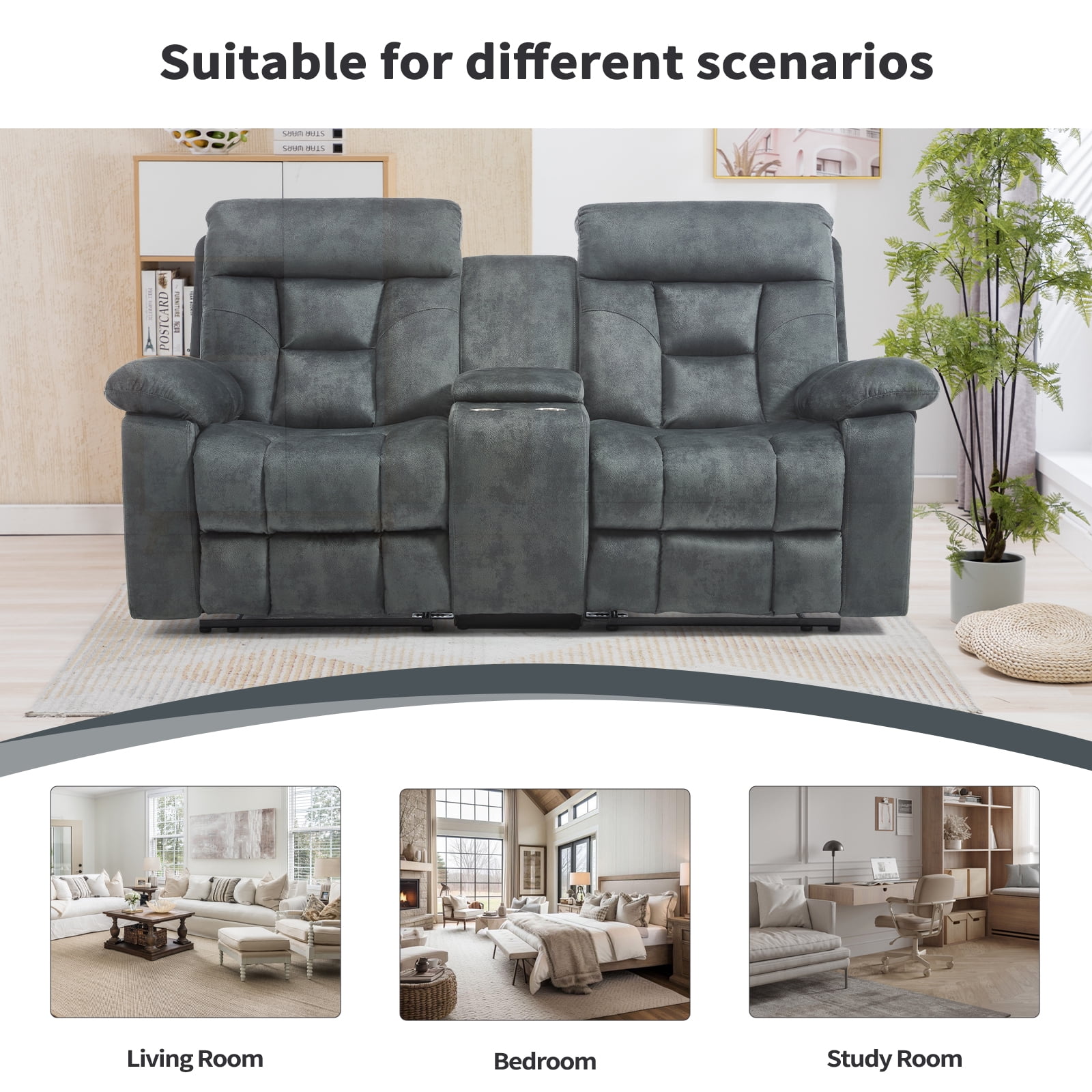 Bonzy Home Reclining Loveseat 2-Seat Manual Recliner Sofa with Hidden Armrest Cup Holders, Breathable Fabric, Grayish Green