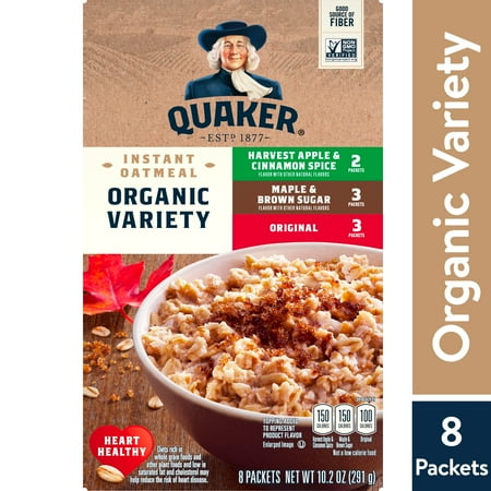 Quaker Instant Oatmeal, Organic Variety, 3 Flavor Variety Pack, 8 Packets