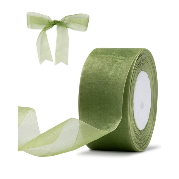 Cinta de organza Fakilo de 5 cm de ancho y 46 m, color verde salvia transparente