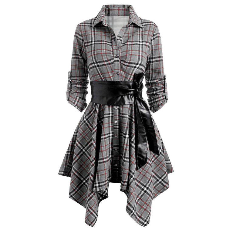 Womens Red Plaid Dresses Button-Down Long Sleeve Irregular Flare Hem Shirt  Dress (Red, Small) at  Women's Clothing store