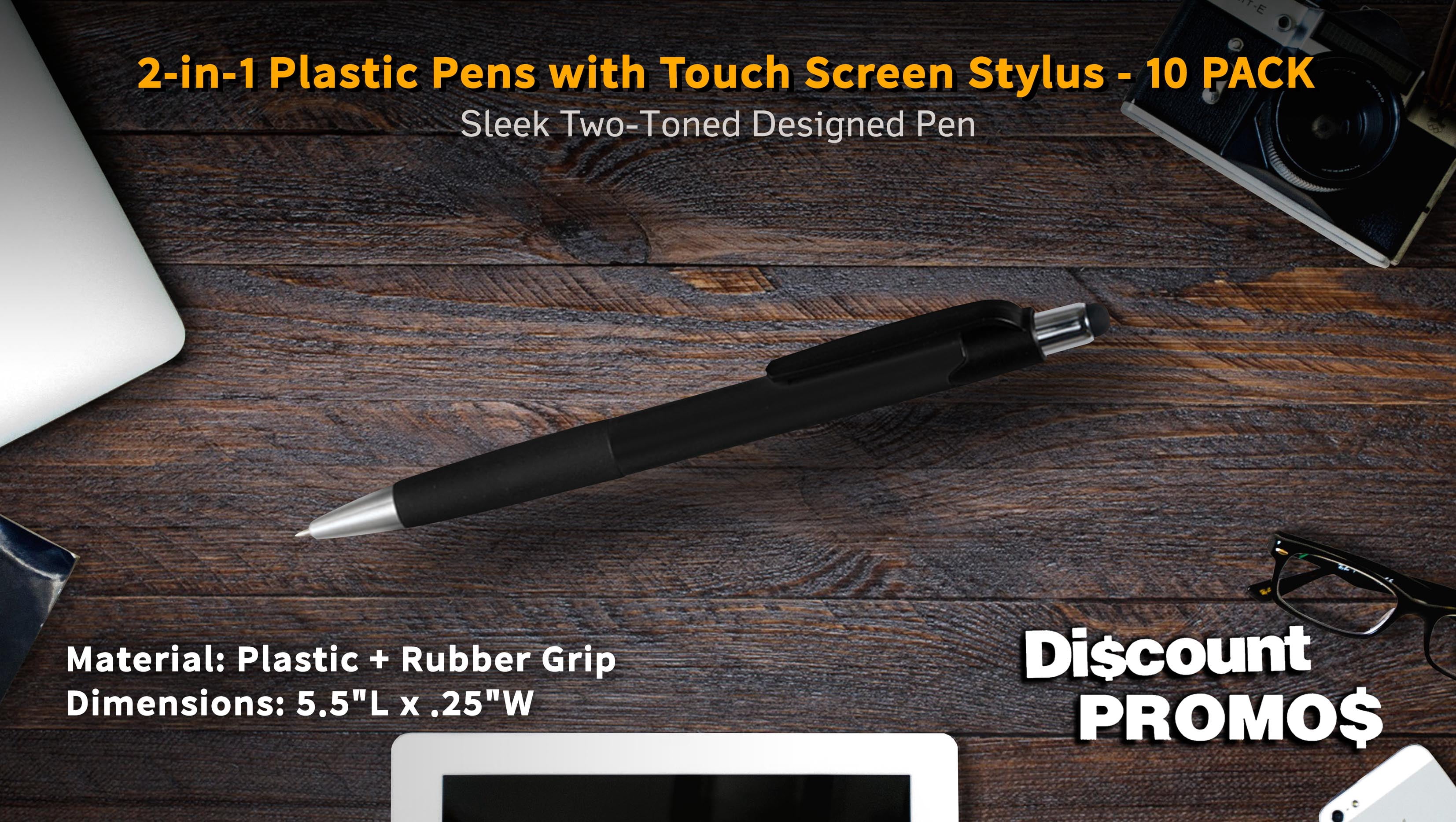 Pens with Touch Screen Stylus - 10 pack - Plastic Pens - Metallic Black
