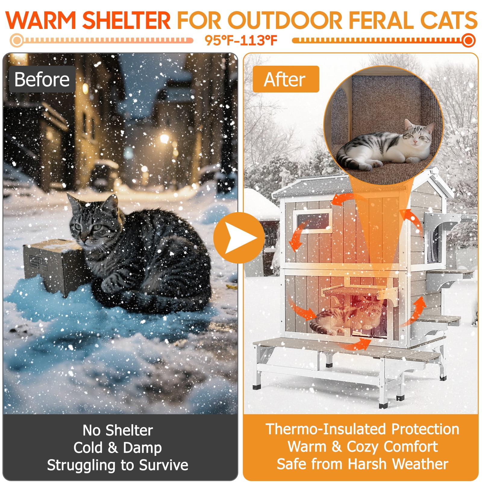 PETSCOSSET Insulated Outdoor Cat House Wooden Feral Cat Shelter with Balcony