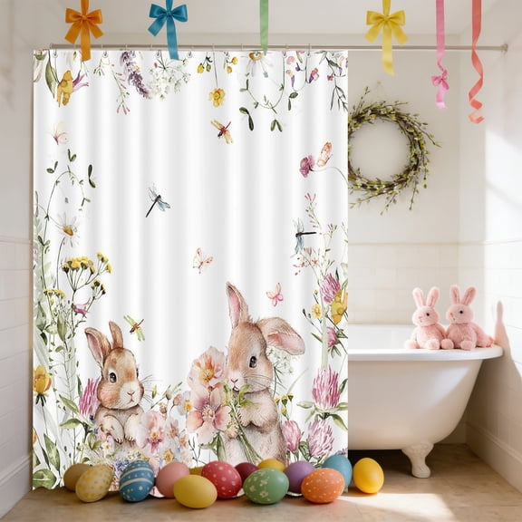 Hometravel Easter Holiday Bathroom Shower Curtain, Decorative Fabric Linen Curtain with Hooks, No Drill Installation Water Resistant Curtain, Seasonal Bath Decor for Home and Apartment