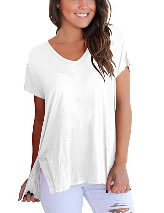 V Neck Short Sleeve Cotton T-shirt with Front Pocket and Side Slit Luxury Women Loungewear-Casual Wear-Women Tops-Women T-Shirt-Tees & Tops