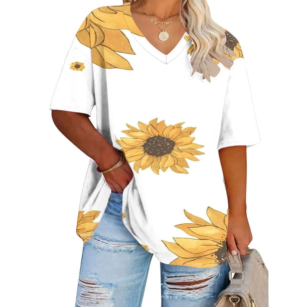 Fiudx Ropa de Mujer Camiseta Deportiva de Verano Estampada de Manga Corta con Cuello En V de Gran Tamaño para Mujer