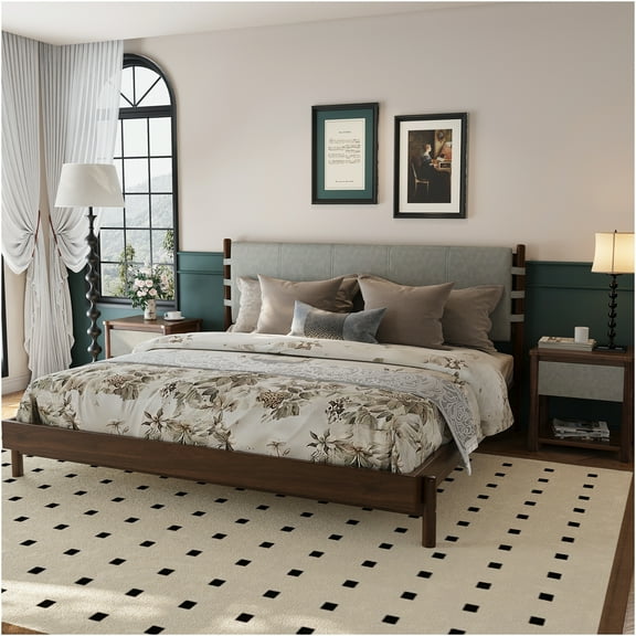 JERFIT Modern King Size Bedroom Set with 2 Nightstands, Light Gray/Walnut Wood Platform Bed Frame and Headboard, 3-Piece Storage Set