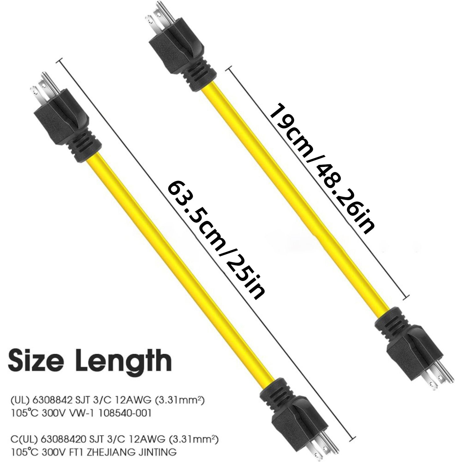 Prong Male To Male Extension Adapter NEMA 5 15P For Transfer 12AWG 250V (2FT) Compatible With Most