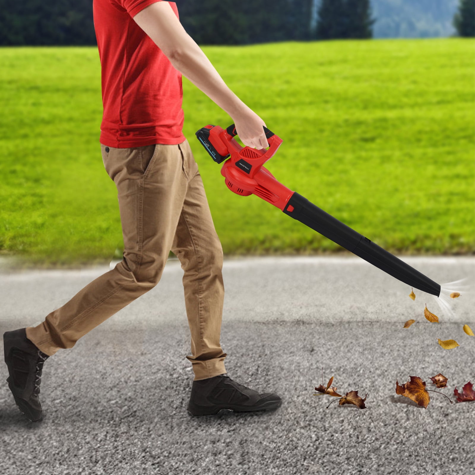 EB005 Battery Powered Leaf Blower, Leaf Electric Handheld Lithium-ion Blower, Cordless Leaf Blower with 2x 1500 mA Lithium Batteries (Red - Low Noise)