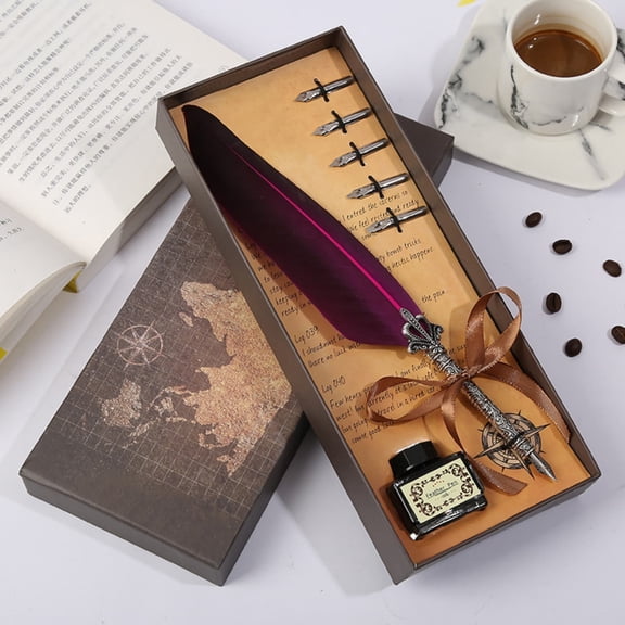 Calligraphy Pen Set, Vintage Feather Pen, Handmade True Feather and Stainless Steel Nib Best Antique Executive, Includes Ink No Need to Purchase Extra Ink (Purple)