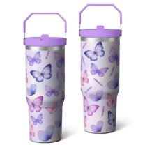 30 Oz Tumbler Purple and Pink Butterfly Tumbler with Lid and Straw, Birthday Gift Cup for Friend Women Men Coffee Travel Mug Thanksgiving Day Halloween Christmas Gift Water Bottle