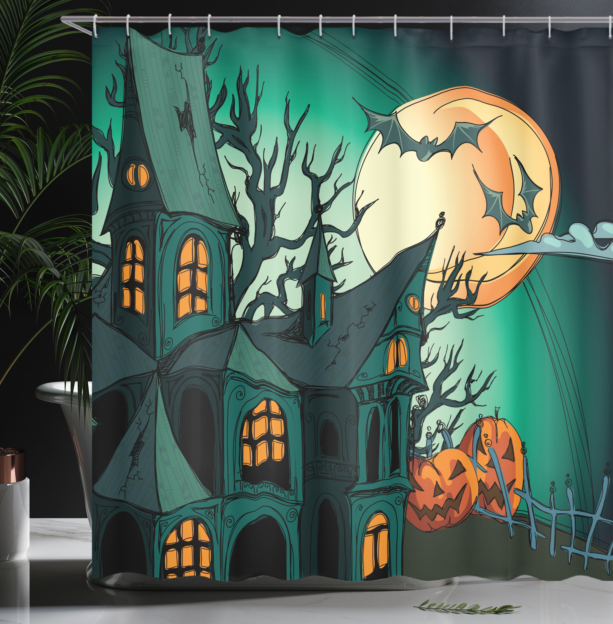 Ambesonne Teal Shower Curtain, Halloween Haunted Castle, 69"Wx75"L, Orange Teal - image 4 of 5