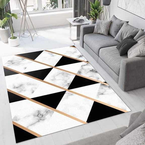 Simple White Marble Area Rug, Black Triangle Pattern Indoor Non Slip Living Room Rug, Machine Washable Breathable Durable Carpet for Bedroom Kitchen Dining Room Home Office 3 x 4ft