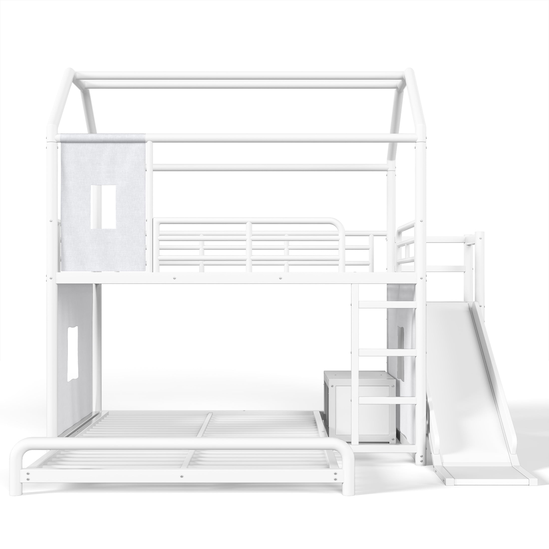 GDF Studio Full over Full Playhouse Bunk Bed with Slide, Ladder, LED Light, Cabinet & Curtain Rod, White