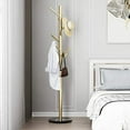 thumbnail image 2 of Metal Coat Rack Stand Golden Satin Steel Finish Stable Marble Base, High-Grade with Hooks Metal Tree Hat & Coat Hanger Floor Free Standing Wall Bedroom Easy Assembly (Golden), 2 of 5
