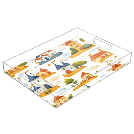 

WOBOGO Acrylic Serving Trays 15.7x11.8 Inch Spill Proof Clear Decorative Organizer with Handle Cartoon Castle and Windmill
