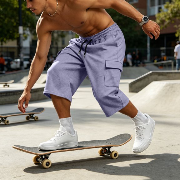 LEKWK Cargo Shorts for Men Elastic Waist Drawstring Short with Flap Pockets Lightweight Breathable Relaxed Fit Casual Summer Outdoor Wear Purple M