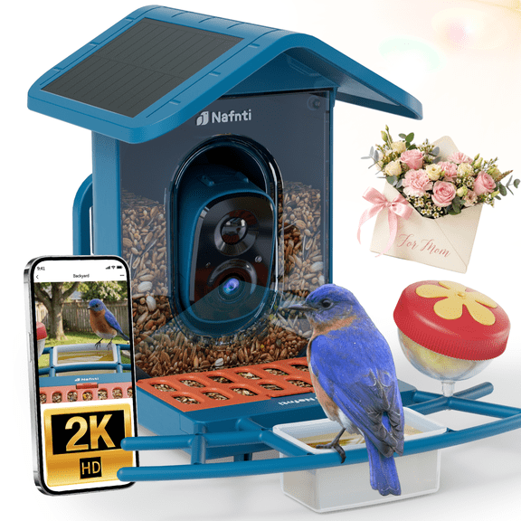 Nafnti Smart Bird Feeder with Camera, 2K HD Bird Camera Solar Powered, 5GHz/2.4GHz, 10000 AI Bird Identification & Instant Alerts, IP65 Waterproof, Gift for Bird Lovers, Blue