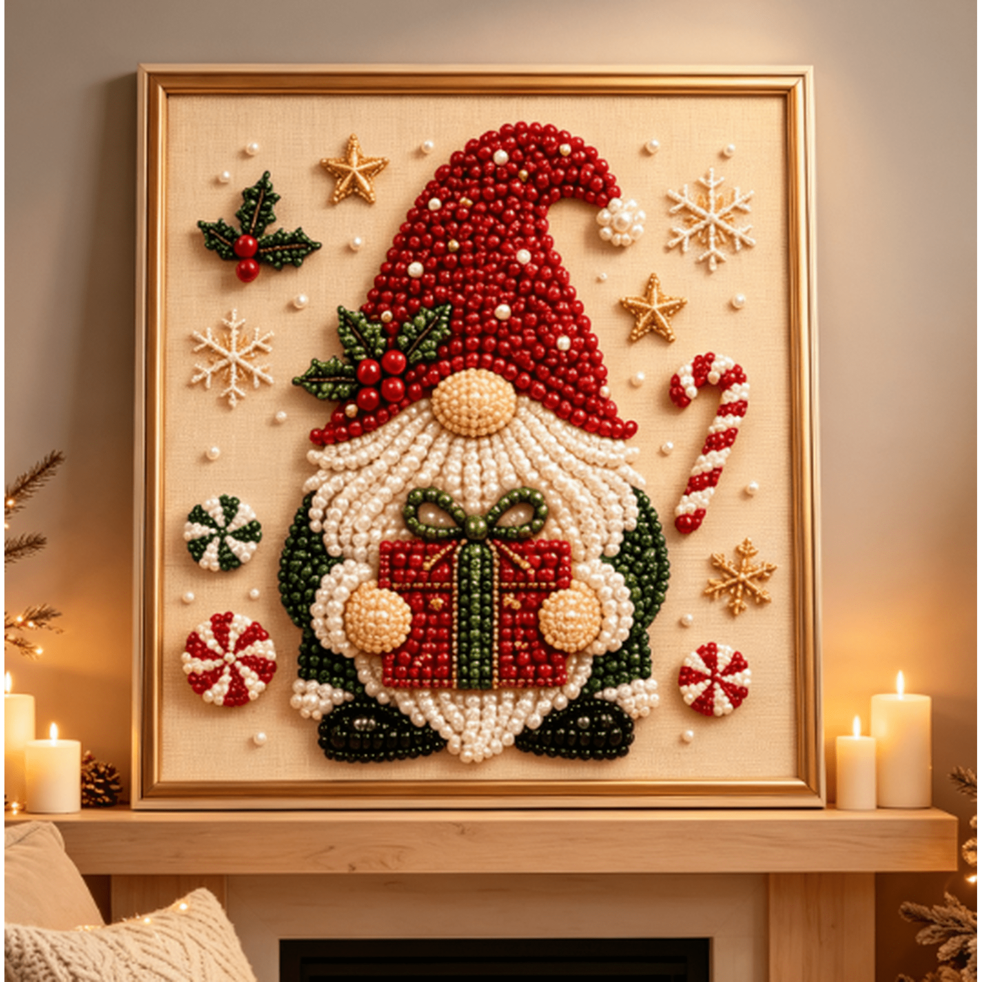 DIY Christmas Pearl Diamond Painting Art Kit with Frame Christmas Craft Kit DIY Pearl Diamond Painting Kit Holiday Home Wall Decoration Gift (Candy Gnome)