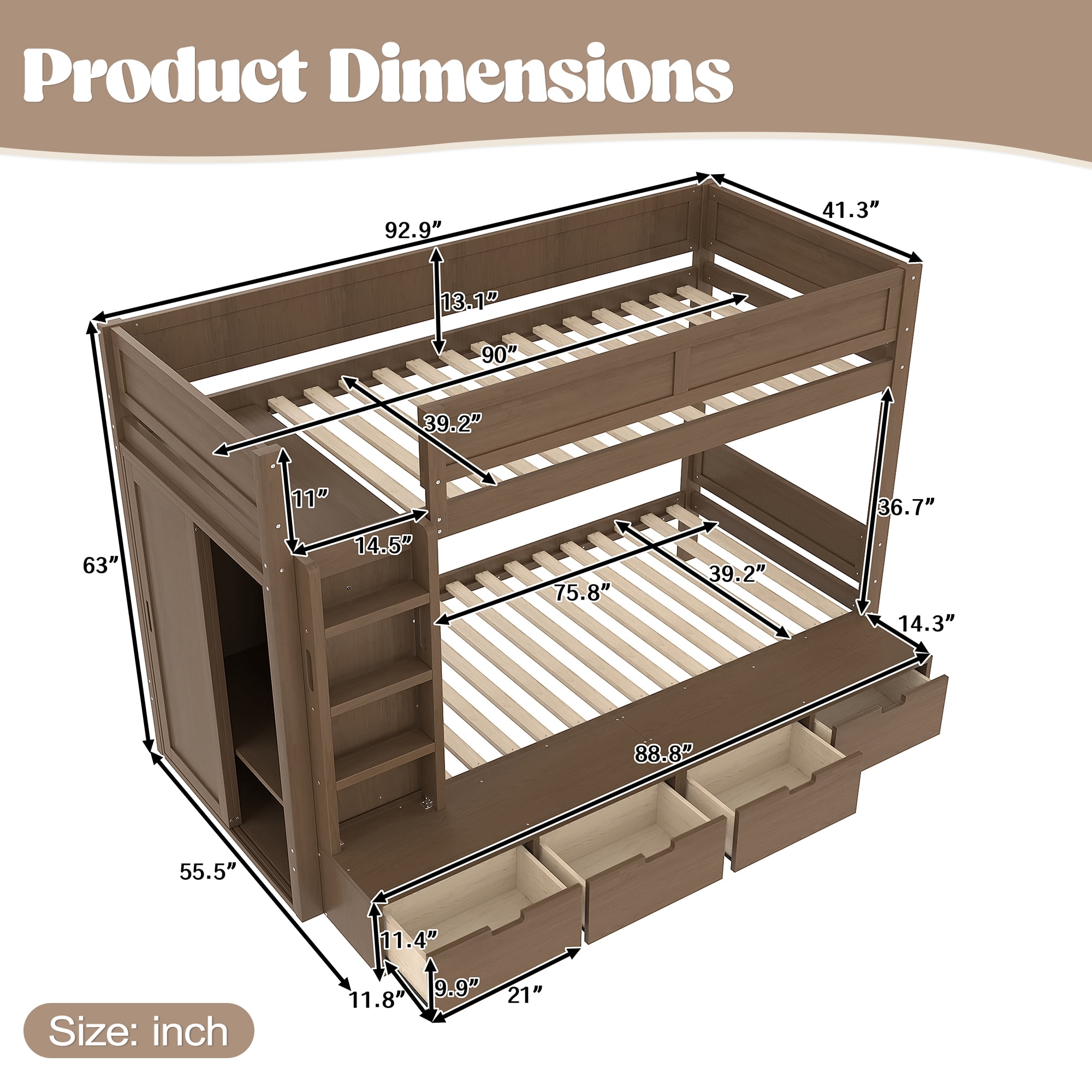 Mintazer Twin over Twin Bunk Bed with Wardrobe, Kids Bunk Bed with 4 Storage Drawers & Ladder for Bedroom, Brown