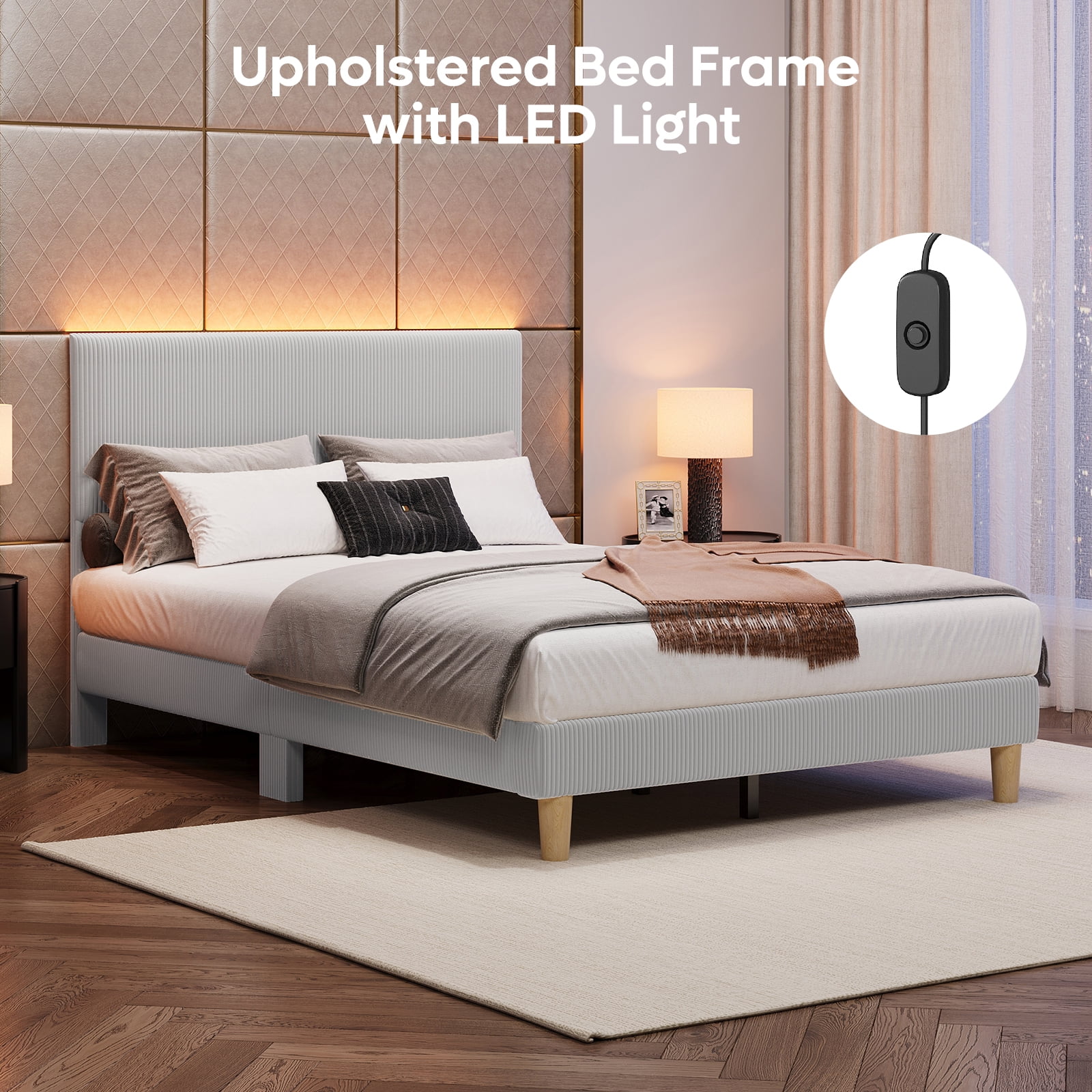 Bestier Corduroy Upholstered Queen Bed Frame with Adjustable Headboard, Platform Bed Frame with LED Light, Solid Wood Slats, No Box Spring Needed, Gray