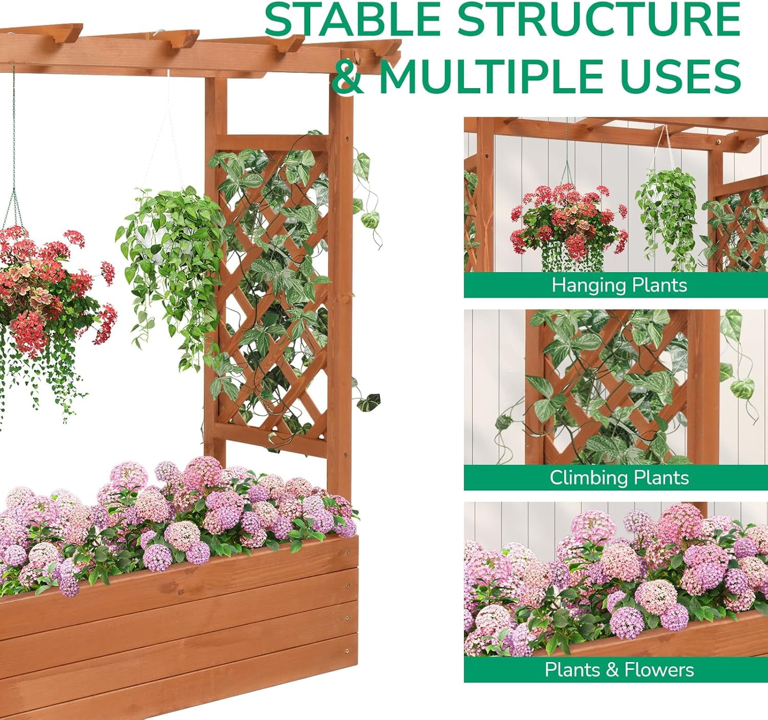 HJTER Raised Garden Bed with Trellis, Wood Planter Box with Hanging Roof, Side Trellis and Drainage Holes, Above Ground Elevated Garden Bed for Outdoor Climbing Plants Vines Vegetables (Teak Color)