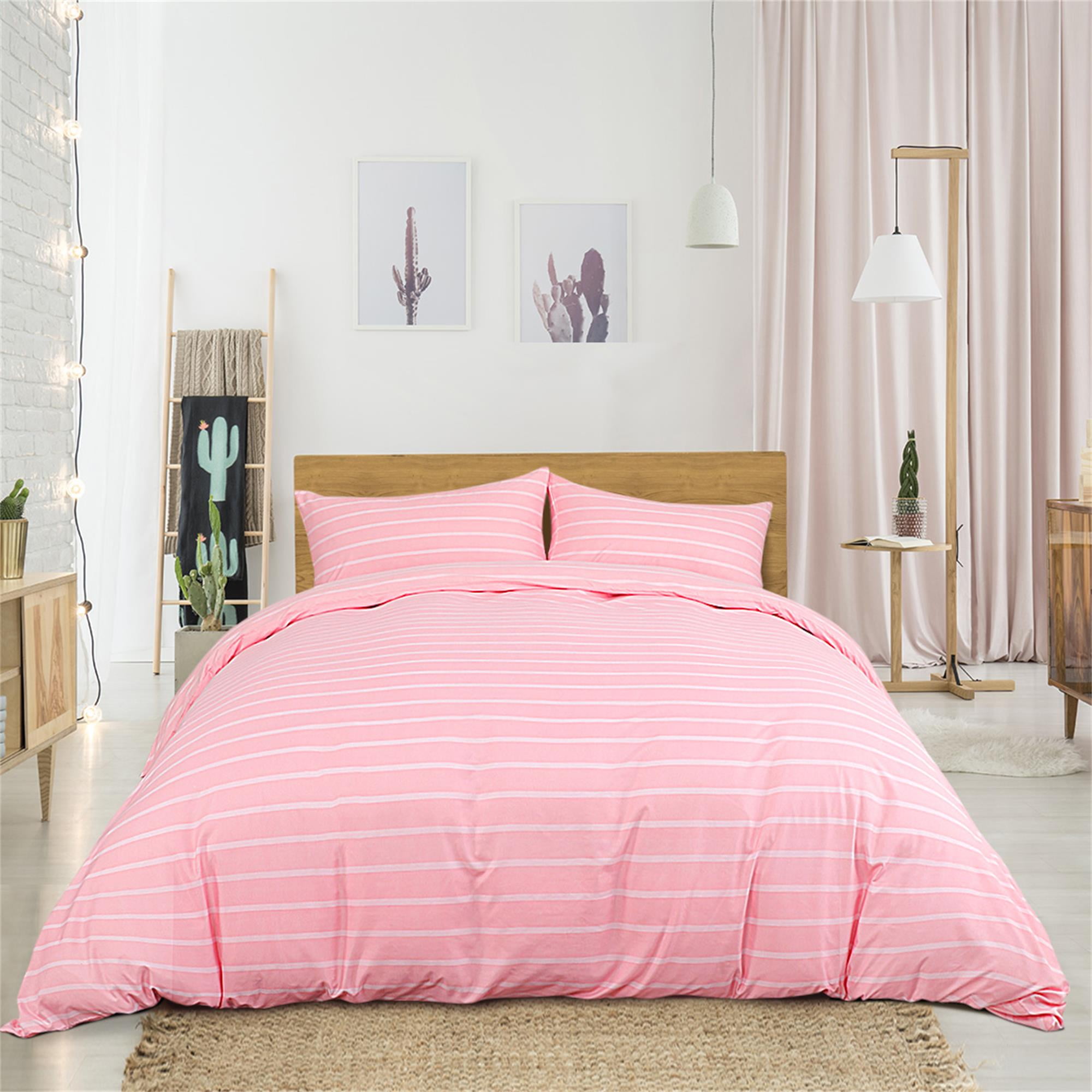 Bedding Duvet Cover Set Winter Stripe Pattern Pink King Size Comforter