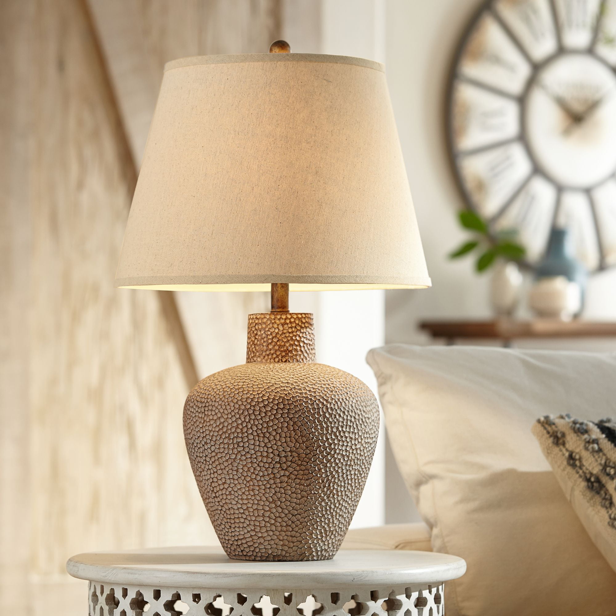Franklin Iron Works Rustic Table Lamps Set Of 2 Hammered Pot Washed Brown Off White Empire Shade For Living Room Family Bedroom Walmart Com Walmart Com