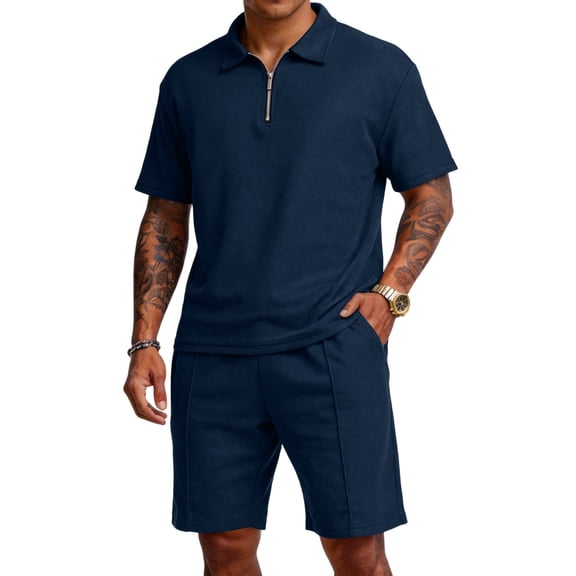 Homeyce Mens Short Sets 2 Piece Sets Casual Quarter Zip Short Sleeve Shirts and Waffle Knit Shorts Set with Pockets Summer Fashion Set,Blue XL