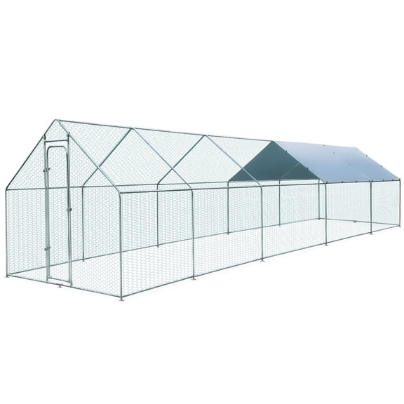 Pmango Extra Large Metal Chicken Coop for 50-55 Chickens, Walk-in Chicken Run, Chicken Pen Outdoor W/Cover, Waterproof & Anti-UV, 32.8' D x 9.8' W x 6.4' H, Wire Mesh Poultry Cage for Yard #LYJL10JD