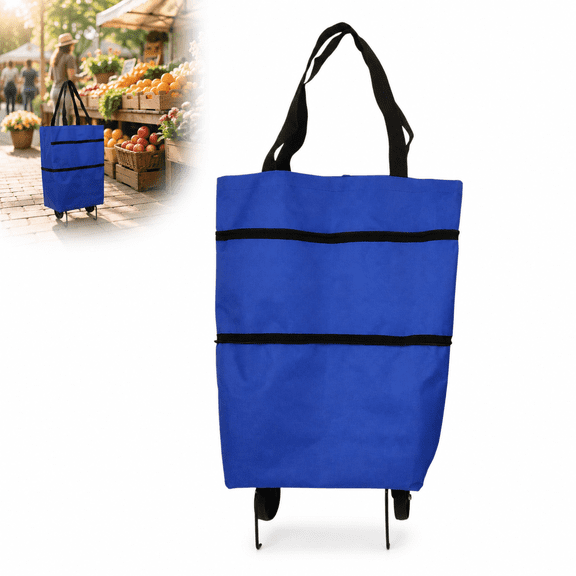 Blue Folding Shopping Trolley Bag, Oxford Cloth Wheeled Tote With Handles, 18.1 x 15.3 in, for Grocery Travel Outdoor Use