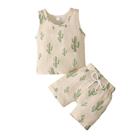 

Odeerbi Baby Boy Girl Clothes Toddler Outfit Sleeveless Rainbow Cactus Print Tank Top Shorts Children Two-piece Set Mint Green