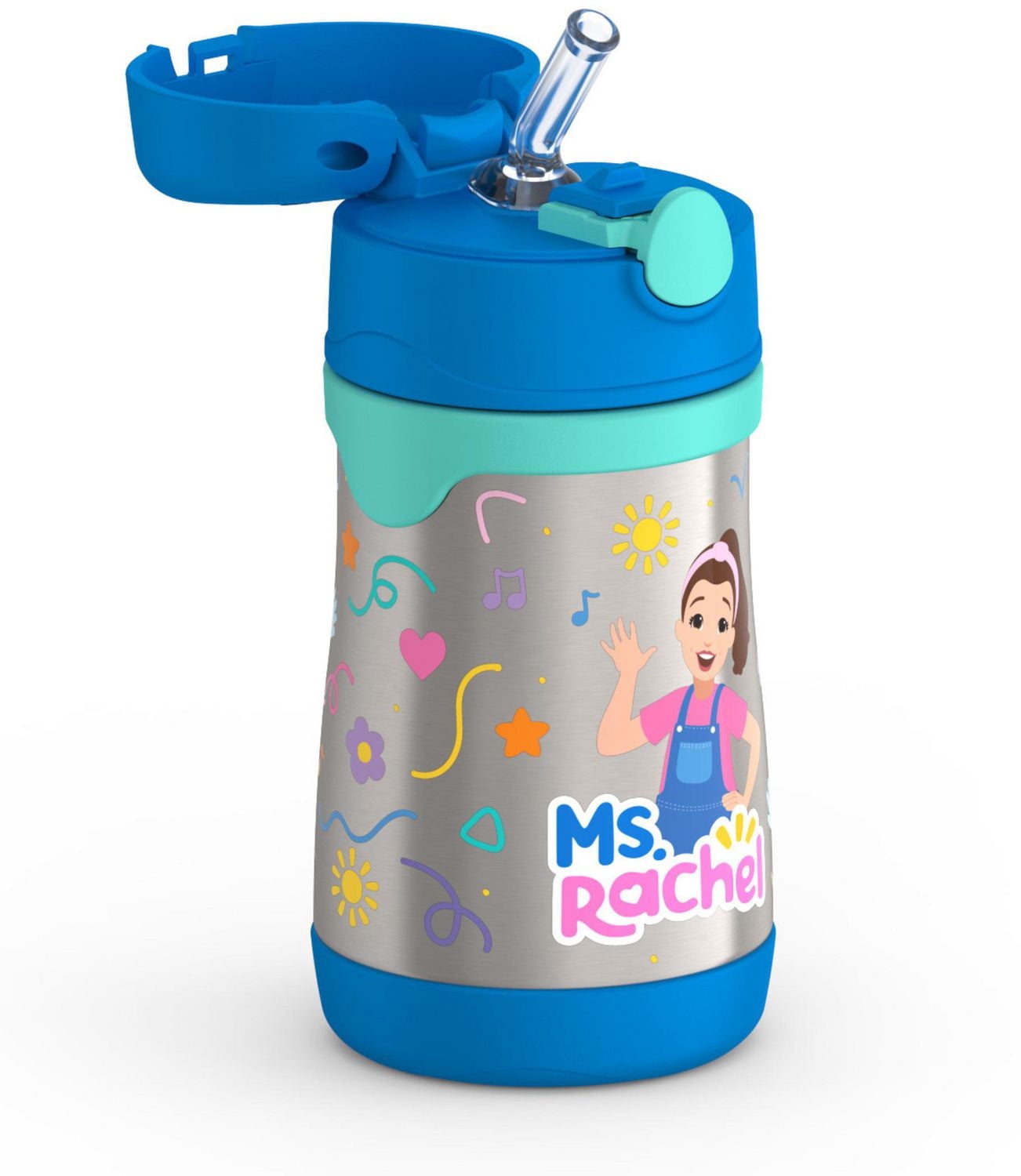 Thermos Baby Vacuum Insulated Stainless Steel 10 Oz Straw Bottle, Ms. Rachel, 10 Oz Bottle, Blue