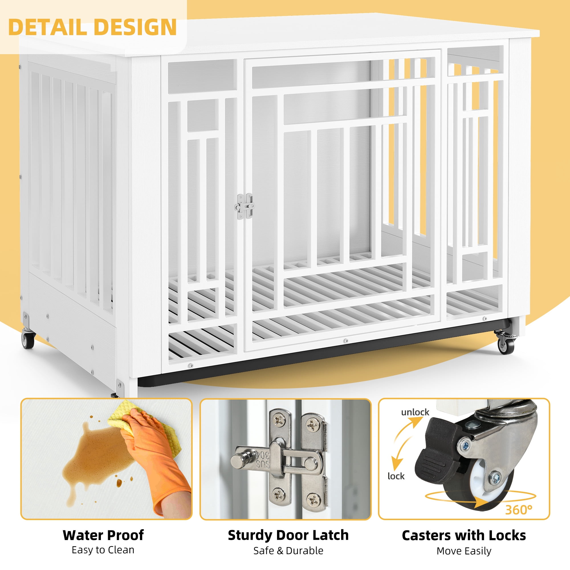 DWVO 38in Dog Crate Furniture with Lockable Door and Wheels, Wooden Side End Table, Heavy Duty Dog Crates for Small Medium Dogs - White