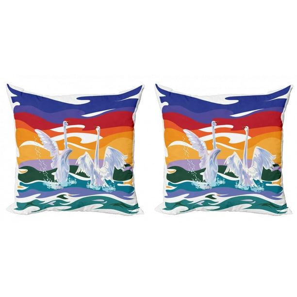 Swan Throw Pillow Cushion Cover Pack Of 2 Funky Style Image Swan Couple Swimming In Sea Rainbow Color Sky Backdrop Modern Print Zippered Double Side Digital Print 4 Sizes Multicolor By Ambesonne