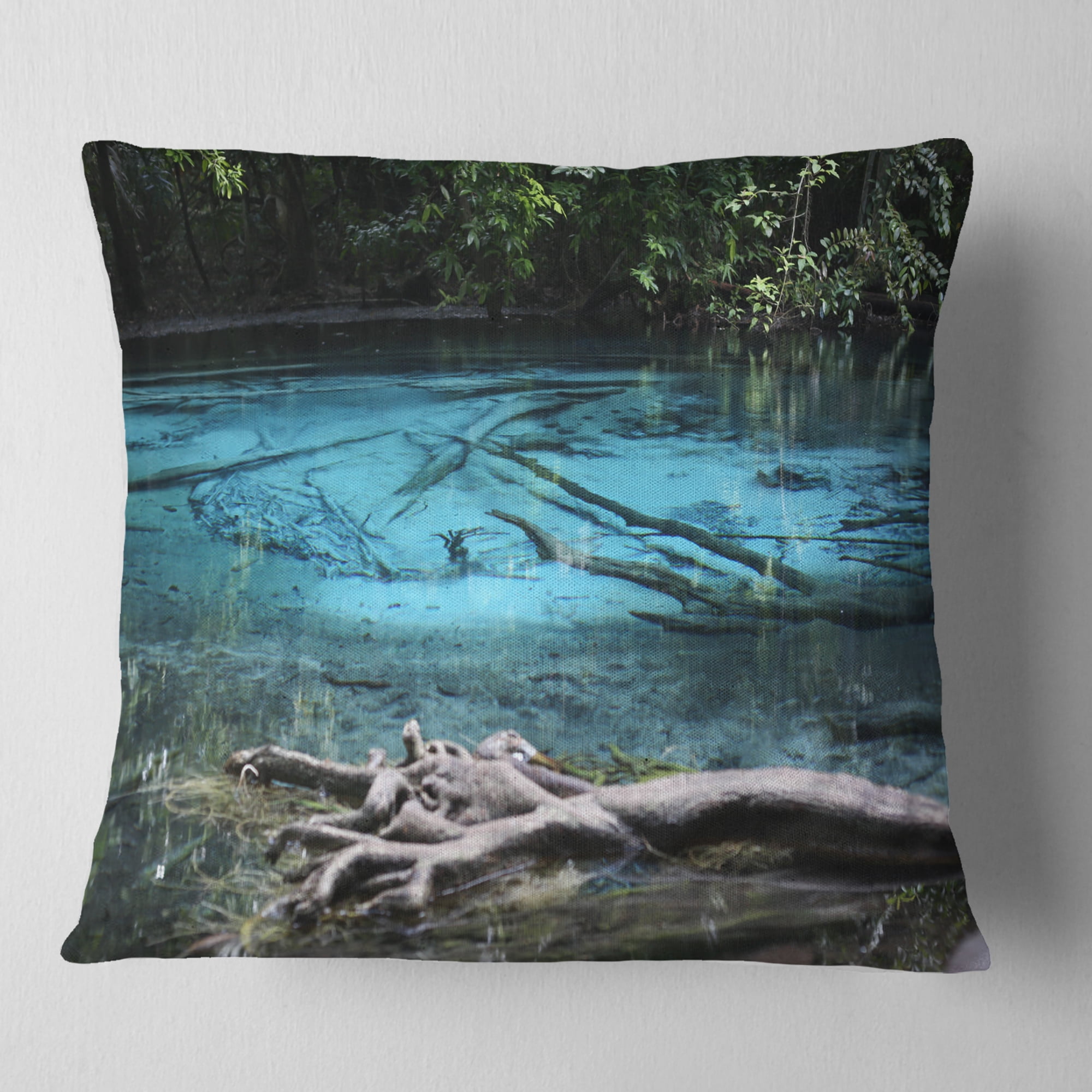 Designart Blue Pond in Deep Forest - Landscape Photography Throw Pillow - 18x18