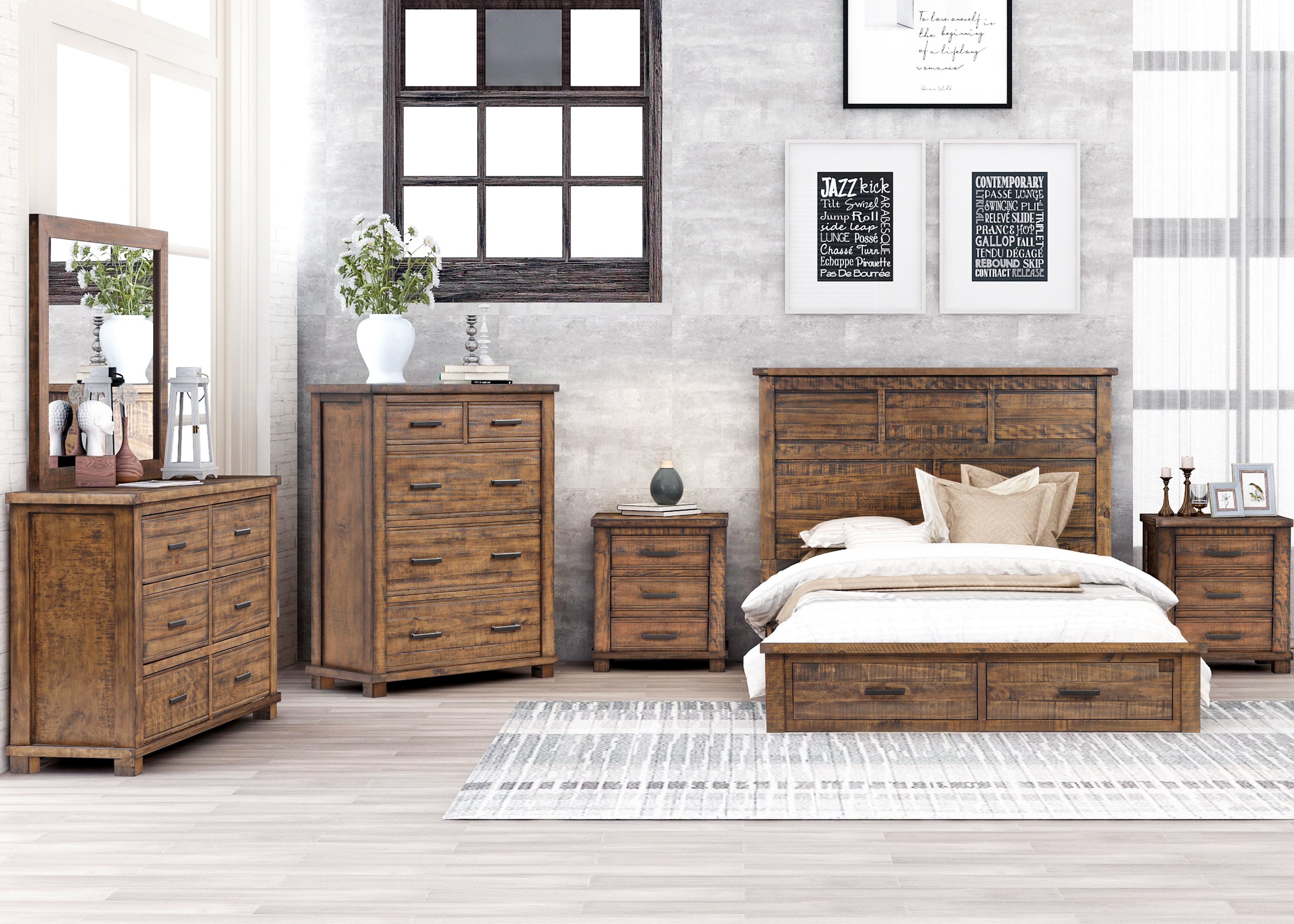 Rustic Reclaimed Solid Wood Framhouse 6 Pieces Storage Queen Bedroom