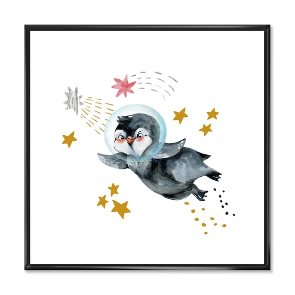 Designart 'Little Penguin Flying Planets and Stars I' Farmhouse Framed Canvas Wall Art Print