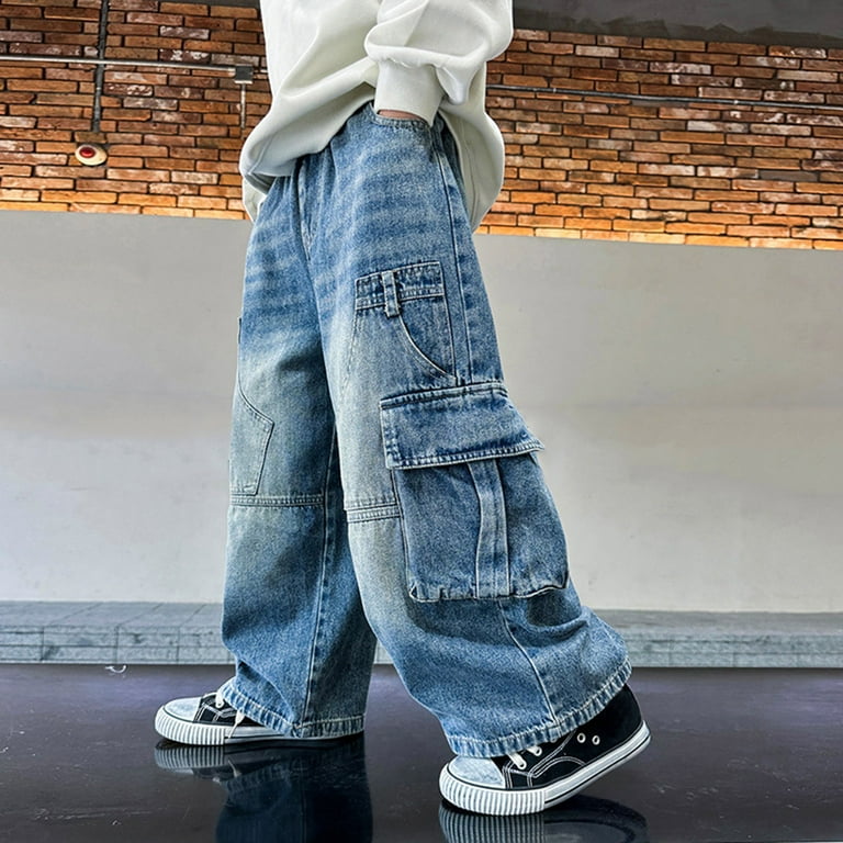 XXWXYD Lightweight Cargo Jeans for Boys - Drawstring Elastic Waist