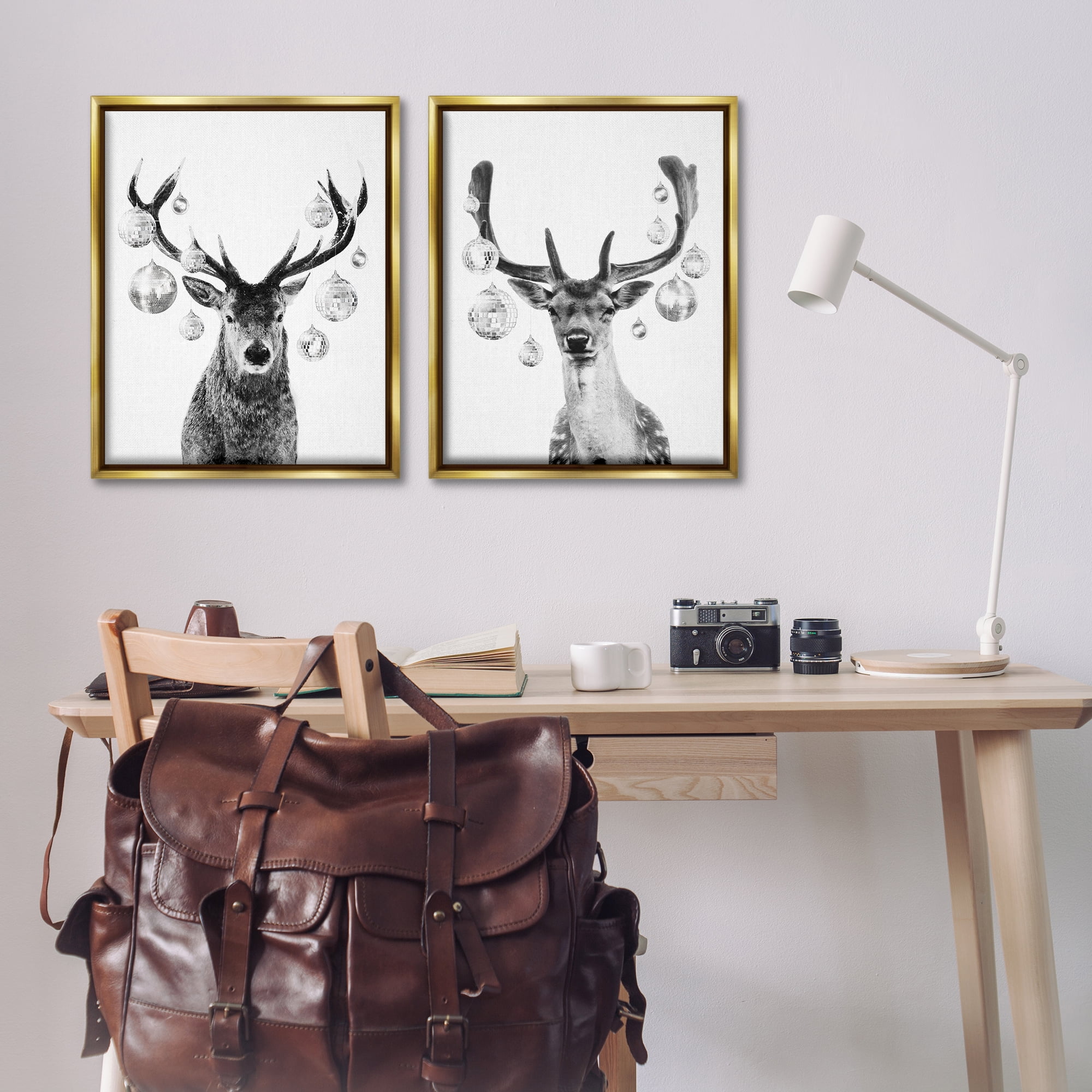 Stupell Industries Black and White Disco Deer Holiday Painting Gold Floater Framed Canvas Art Print Wall Art, 31 x 25, Set of 2