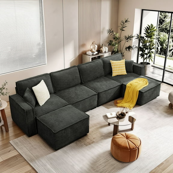 BedLuxury 142.5" Oversized Modern Sectional Sofa, U Shaped 4-Seater Sofa with 2 Movable Ottomans for Living Room & Bedroom, Breathable Chenille Fabric, Black.