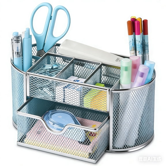 Mesh Desk Organizer with Drawer - 8 Compartments-Blue