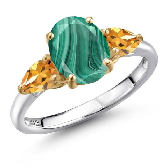Gem Stone King 925 Silver and 10K Yellow Gold Green Malachite and Yellow Citrine Engagement Ring for Women | 3.16 Cttw | Oval 9X7MM | Gemstone Birthstone | Size 5